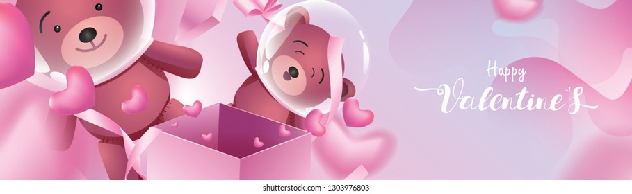 Cute and sweet elements in shape of heart, box of gift, teddy bear flying on pink space as astronaut. Vector symbols of love for Happy Women's, Mother's, Valentine's Day greeting banner design