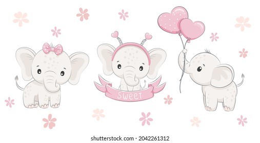 Cute   sweet elephant girl and balloons  Vector illustration cartoon  