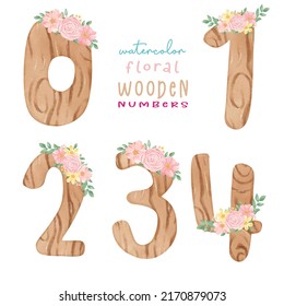 lindo número de madera floral dulce tierno 0,1,2,3,4,5 ilustración de pintura acuarela vector