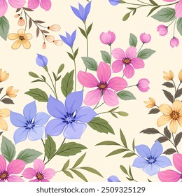 Cute and sweet flowers on light yellow color background seamless pattern for fabric textile fashion print wallpaper