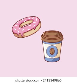 Cute sweet food beverage vector art icon design. Sugary foods simple. Donut and coffee