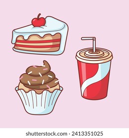 Cute sweet food beverage vector art icon design. Sugary foods simple. Cake, soda drink, cupcake