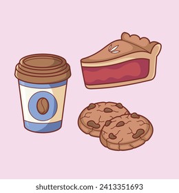 Cute süße Lebensmittel Getränke Vektorgrafik Symbol Design. Zuckerhaltige Lebensmittel einfach. Kuchen, Keks, Kaffee