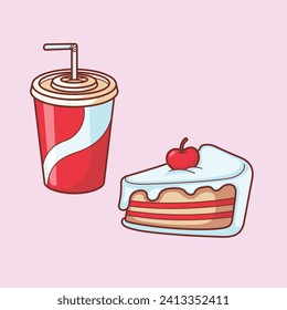 Cute sweet food beverage vector art icon design. Sugary foods simple. soda drink, cake