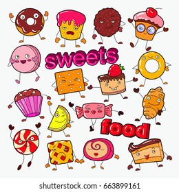 Cute Sweet Food Candy Characters Doodle with Cookie, Cupcake and Lollipop. Vector illustration