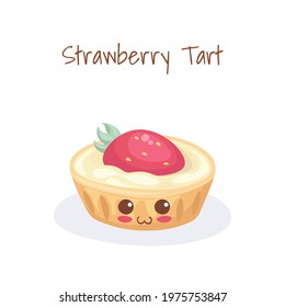 Cute sweet food character isolated on white background. Strawberry Tart vector illustration. Happy smiling kawaii food emoji. Kids menu decoration, print, post card design element. Cartoon artwork.