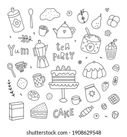 Cute sweet food doodles on white background. Vector desserts, cakes and sweet pies. Bakery clipart collection