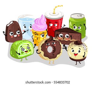 Cute sweet food and drink cartoon character set isolated on white background vector illustration. Funny cake, donut, ice cream, cola soda, lemonade emoticon face icon. Happy cartoon comical face food