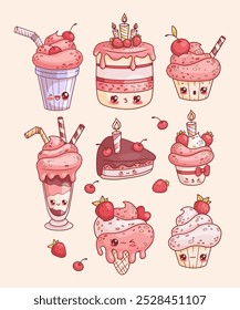 Linda comida dulce y beber colección. Personaje de dibujos animados kawaii de Vector aislado. Pastel de cumpleaños festivo con velas, cupcake y helado con fresas y batido de leche crema con cereza