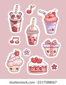 Bonitos adesivos para comidas doces e bebidas. Personagem kawaii isolado. Bolo de pedaço festivo e cupcake creme com morangos, chá de bolha de vidro, copo de milk shake e caixa de presente. Ilustração vetorial