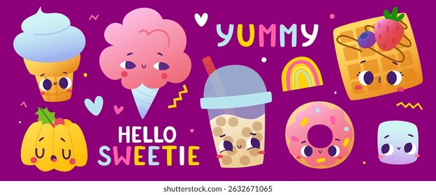 Cute sweet food with faces set. Cartoon kids dessert food collection.