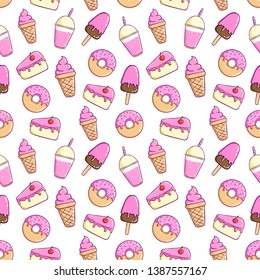 Cute sweet food in seamless pattern with ice cream, donut, milkshake and slice cake on white background