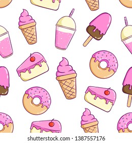 Cute sweet food in seamless pattern with ice cream, donut, milkshake and slice cake