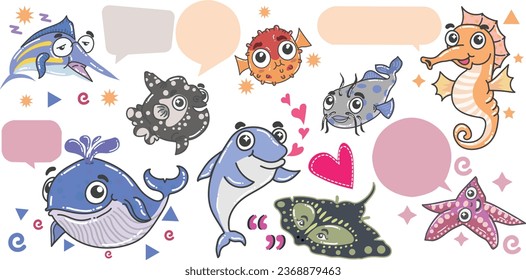  Cute sweet fun fishes cartoon 2d collection with speech bubble vector isolated