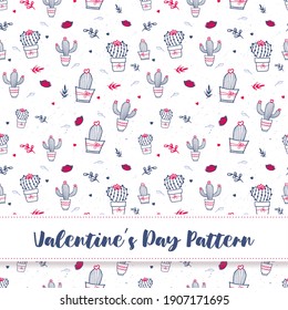 Cute, sweet, gentle Valentine's Day Love seamless pattern with cacti in pots and lips