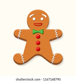 Cute sweet gingerbread man with green bow tie and red buttons made of icing isolated on white background. Graphic element for greeting card on New Year and Christmas. Vector illustration