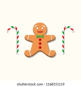 Cute sweet gingerbread man with green bow tie and red buttons made of icing and two candy canes on white background. Graphic element for greeting card on New Year and Christmas. Vector illustration