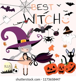 Cute sweet Halloween witch and items seamless pattern,illustration vector by handmade doodle comic art