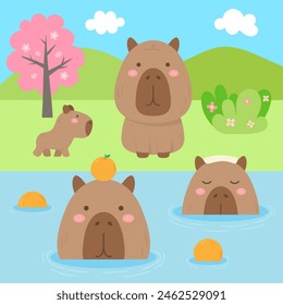 cute sweet hand drawn capybara chilling in the hot spring illustration