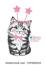 Cute sweet hand drawn cat kitten shining star vector illustration