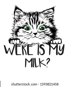 Cute sweet hand drawn cat kitten head look for milk vector illustration print for kids t-shirt