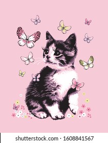 Cute sweet hand drawn cat kitten catches butterflies vector illustration on pink background