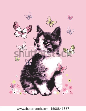 Cute sweet hand drawn cat kitten catches butterflies vector illustration on pink background