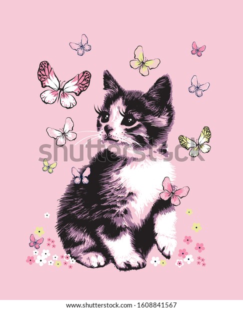 ピンクの背景にかわいい手描きの猫が蝶のベクターイラストを捕まえる のベクター画像素材 ロイヤリティフリー