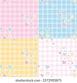 Cute Sweet hand drawn hearts And Check seamless pattern, lovely romantic background, Valentine's Day, textiles, wallpapers