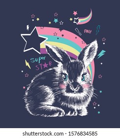 Cute sweet hand drawn rabbit bunny with rainbow vector illustration on black background