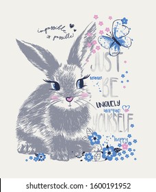 Cute sweet hand drawn rabbit bunny with flowers & big cartoon eyes vector illustration