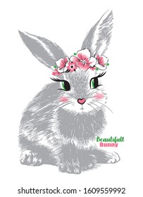 Cute sweet hand drawn rabbit bunny with flowers on head & big cartoon eyes vector illustration