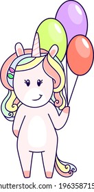 Cute sweet happy balloon holiday unicorn. Girly flat vector hand drawings. Fairy character, cute, animals, horse. Pony unicorn, cute and very beautiful.