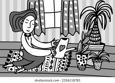 Cute sweet home INTERIOR style. PLANT LOVING GIRL. Watering plants with nice watering can. Vector illustration. Monochrome in love with nature.