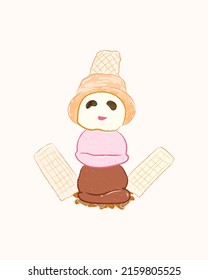 Cute sweet ice cream balls waving snowman in cartoon flat simple illustration art design