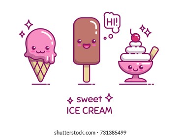 Cute sweet ice cream characters. Flat style vector illustration.