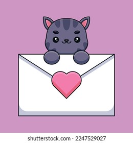 A cute and sweet illustration of a cat holding a love letter with a curious and mischievous expression. Symbolizing the playful and mysterious nature of love.