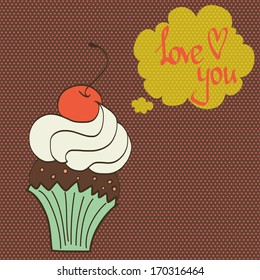 Cute and sweet invitation or greeting card template with hand drawn cartoon doodle cupcake and speech bubble on polka dot background.