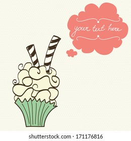 Cute and sweet invitation or greeting card template with hand drawn cartoon doodle cupcake and speech bubble on polka dot background.