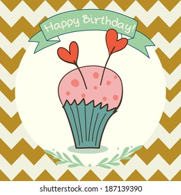 Cute and sweet invitation or greeting card template with hand drawn cartoon doodle cupcake and ribbon banner on chevron seamless pattern background.