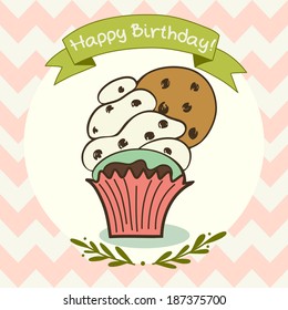 Cute and sweet invitation or greeting card template with hand drawn cartoon doodle cupcake and ribbon banner on chevron background.