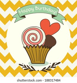 Cute and sweet invitation or greeting card template with hand drawn cartoon doodle cupcake and ribbon banner on chevron seamless pattern background.