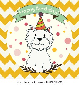 Cute and sweet invitation or greeting card template with hand drawn cartoon doodle dog and ribbon banner on chevron seamless pattern background.