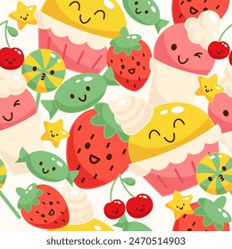 Lindo dulce Kawaii Vector de dibujos animados de ilustración de postre creado para papel de embalaje, textil, cubierta de cuaderno, patrón sin fisuras