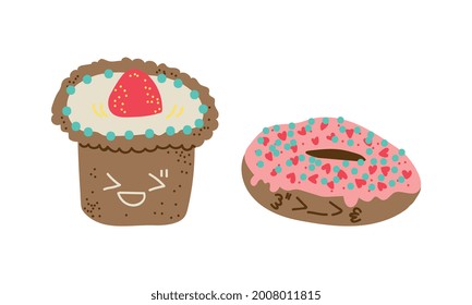 Cute Sweet Kawaii Dessert with Smiling Face Vector Set