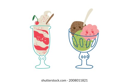 Cute Sweet Kawaii Dessert with Smiling Face Vector Set