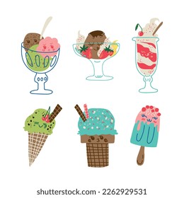 Cute Sweet Kawaii Dessert with Smiling Face Vector Set