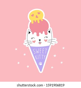 Cute sweet kitty in an ice cream cone. Sticker, girlish fashion print for t-shirt. Cartoon style vector illustration for the children. 
