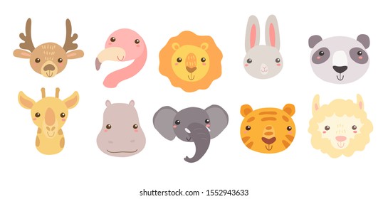 Cute sweet little animals head collection with smiling faces. Hand drawn vector art. Kids nursery scandinavian illustration for print. Graphic design for apparel.