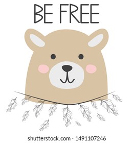 Cute Sweet Little Bear Smiling Face With Feathers. Inscription Quote Be Free. Graphic Design.